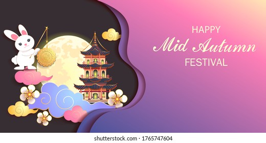 Mid autumn festival / Chinese festival with the moon, rabbit, moon cake, cloud, pagoda, lantern and flowers on color paper. Vector illustration