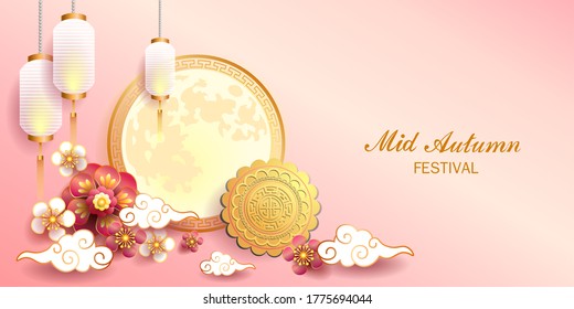 Mid autumn festival / Chinese festival with the moon, moon cake, cloud, lantern and flowers on pink paper. Vector illustration