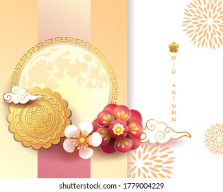 Mid autumn festival / Chinese festival with the moon, cloud, moon cake and flowers on color paper. Vector illustration