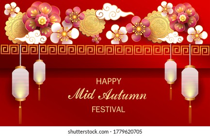 Mid autumn festival / Chinese festival with moon cake, cloud, lantern and flowers on red paper. Vector illustration