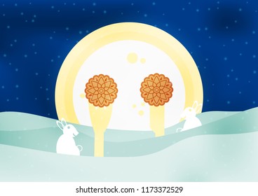 Mid Autumn Festival for Chinese people in flat design. Vector illustration on blue background with moon, rabbit,  mooncakes.