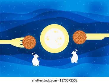 Mid Autumn Festival for Chinese people in flat design. Vector illustration on blue background with moon, rabbit,  mooncakes.