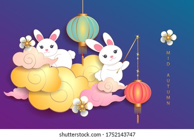 Mid autumn festival / Chinese festival with rabbits, cloud, lantern and flowers on color paper. Vector illustration