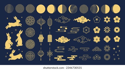 Mid Autumn Festival. Chinese traditional ornaments. Set of gold decorative elements, rabbits, moon, flowers, mooncakes, fireworks, lanterns, clouds. Vector illustration. 