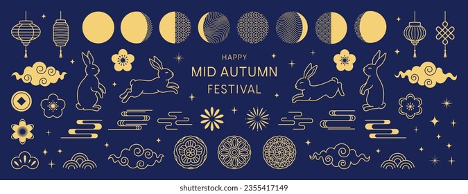 Mid Autumn Festival. Chinese traditional ornaments. Set of gold decorative elements, rabbits, moon, flowers, mooncakes, fireworks, lanterns, clouds. Concept for holiday decor, card, poster, banner. 