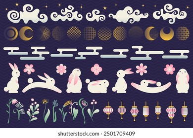 Mid Autumn Festival, chinese traditional ornaments. Set of decorative elements, rabbits, moon, flowers, mooncakes, lanterns, clouds. Isolated vector illustrations