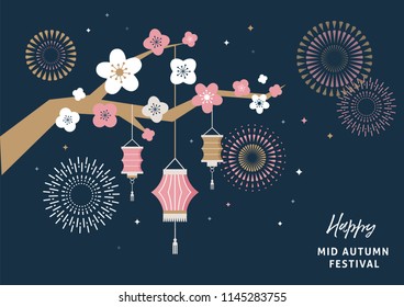 Mid Autumn Festival. Chuseok, Chinese wording translation: Mid Autumn. Vector banner, background and poster