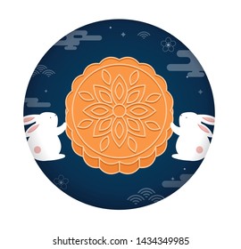 Mid Autumn Festival. Chuseok, Chinese wording translation: Mid Autumn. Vector banner, background and poster with mooncake, rabbits and full moon illustrations