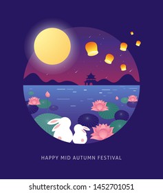 Mid Autumn Festival. Chuseok, Chinese wording translation Mid Autumn. Vector banner, background and poster with mooncake, rabbits, bunnies and full moon vector illustration and design