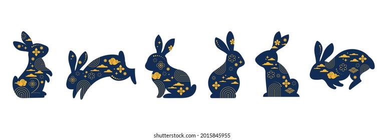 Mid Autumn Festival. Chuseok, Chinese wording translation - Mid Autumn. Mooncake, bunnies, rabbits and moon, background and poster