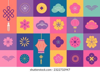 Mid Autumn Festival. Chuseok, Chinese New Year. Mooncakes, flowers and lanterns, vector background and poster