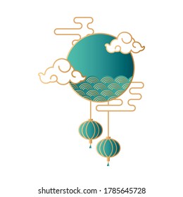 mid autumn festival with clouds and sea waves in circular frame vector illustration design