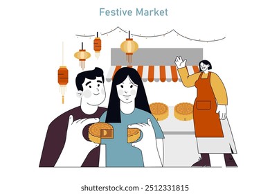 Mid Autumn Festival concept. A couple enjoys mooncakes at a festive market stall with hanging lanterns. Traditional celebration, cultural event scene. Vector illustration.