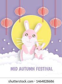 Mid autumn festival concept .
cute rabbits standing on the cloud with full moon , stars and lantern for  card  or  background . paper cut and craft style .