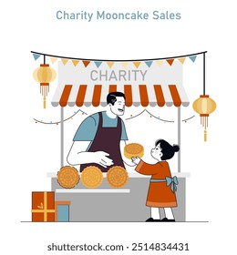 Mid Autumn Festival concept. Delighted child buys mooncake at charity stall adorned with lanterns. Generosity during traditional celebrations. Vector illustration.