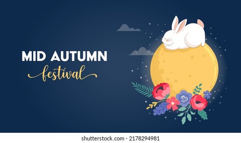 Mid Autumn Festival Concept Design with Cute Rabbits, Bunnies and Moon Illustrations. Chinese, Korean, Asian Mooncake festival celebration. 