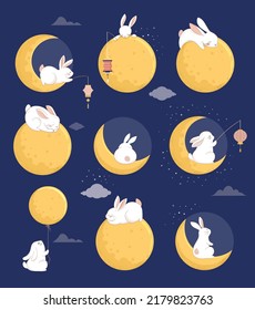 Mid Autumn Festival Concept Design With Cute Rabbits, Bunnies And Moon Illustrations. Chinese, Korean, Asian Mooncake Festival Celebration