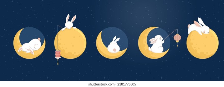 Mid Autumn Festival Concept Design with Cute Rabbits, Bunnies and Moon Illustrations. Chinese, Korean, Asian Mooncake festival celebration