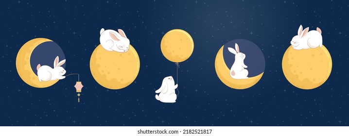 Mid Autumn Festival Concept Design with Cute Rabbits, Bunnies and Moon Illustrations. Chinese, Korean, Asian Mooncake festival celebration - Shutterstock ID 2182521817