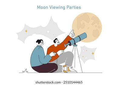 Das Konzept des Mid Autumn Festival. Freunde teilen einen Moment astronomischen Wunders mit einem Teleskop unter Vollmond. Feierliche Mondbeobachtungsparty. Vektorgrafik.