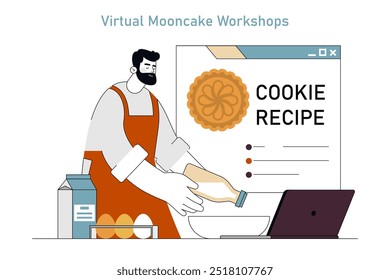 Das Konzept des Mid Autumn Festival. Ein Mann nimmt an einem virtuellen Mondkuchen-Workshop teil und folgt einem Online-Cookie-Rezept auf seinem Laptop. Kulturelle Feier. Vektorgrafik.