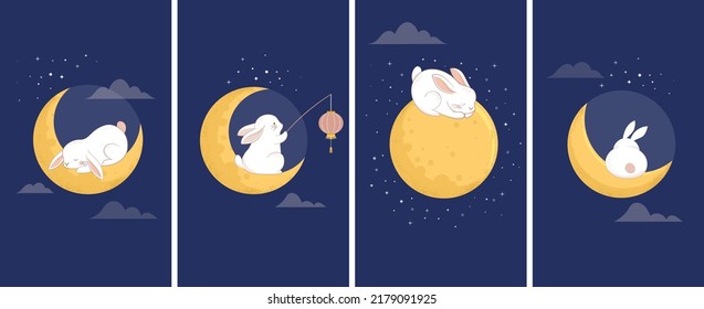 Mid Autumn Festival Concept Story Design With Cute Rabbits, Bunnies And Moon Illustrations. Chinese, Korean, Asian Moon Festival Celebration