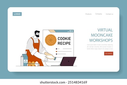 Mid Autumn Festival concept. Virtual mooncake workshop with a chef teaching cookie recipe online. Celebrating traditional cuisine digitally. Vector illustration.