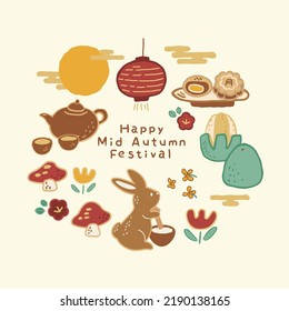 Mid autumn festival cute design elements set, rabbit, moon, mooncakes, lanterns, pomelo, tea set, clouds. Isolated objects.