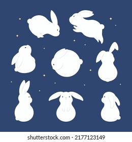 Mid Autumn Festival cute moon rabbits collection. Hand drawn vector illustration. Isolated objects. Flat style. Design elements set for traditional Asian holiday decor, card, poster, banner.