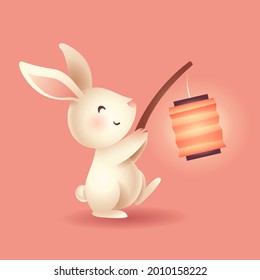 Mid Autumn Festival. Cute rabbit holding a chinese oriental lantern.