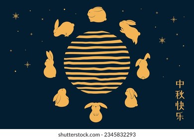 Mid Autumn Festival cute rabbits, full moon, Chinese text Happy Mid Autumn, gold on blue. Hand drawn vector illustration. Flat style design. Concept for traditional Asian holiday card, poster, banner