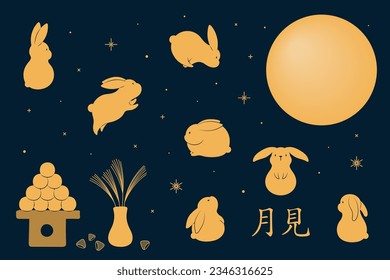 Mid Autumn Festival cute rabbits, full moon, dango, pampas grass, chestnuts, Japanese text Tsukimi, gold on blue. Hand drawn vector illustration. Flat style design. Concept traditional holiday card