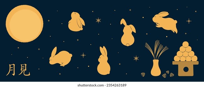 Mid Autumn Festival cute rabbits, full moon, dango, pampas grass, chestnuts, Japanese text Tsukimi, gold on blue. Hand drawn vector illustration. Flat style design. Concept traditional holiday banner