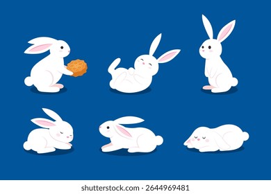 Mid Autumn Festival cute rabbits, Chinese Mid Autumn bunny. Hand drawn vector illustration, flat style, Asian holiday design elements.