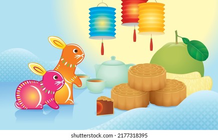 Mid Autumn Festival decorate with lantern rabbits, paper lantern, moon cakes and pomelo