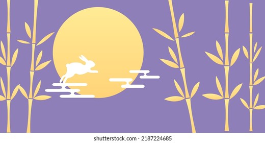 Mid Autumn festival decoration background. Mid autumn event banner decoration with bamboo forest, full moon and rabbits. Chinese traditional festival design elements. Vector illustration.