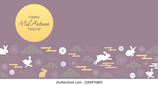  Mid Autumn festival decoration pattern background. Mid autumn event banner decoration with traditional pattern and rabbits. Chinese traditional festival design elements. Vector illustration.