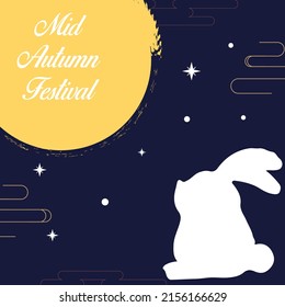 Mid Autumn Festival design backgrounds, greeting cards, posters, and holiday covers in blue and yellow with moon, mooncake, and charming bunnies. Mid Autumn Festival in Chinese translation