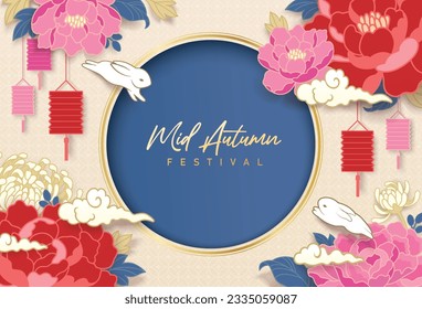 Mid Autumn Festival design with beautiful blossom flowers, lanterns and rabbits.