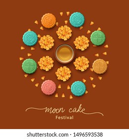 Mid autumn festival design. Circular pattern formed by moon cakes, tea cup and flowers. Top view vector illustration