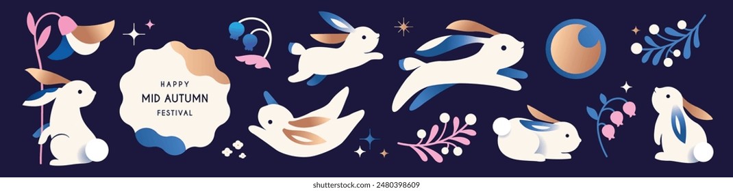 Mid Autumn Festival design elements, set of rabbits, bunnies vector illustration.