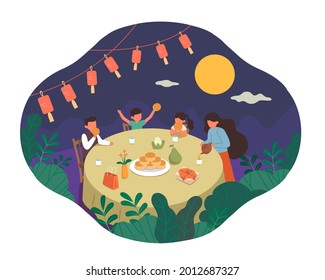 Mid Autumn Festival Design. Flat Illustration Of People Having Outdoor Family Reunion Under Full Moon Night