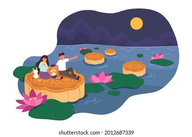 Mid Autumn Festival Design. Flat Illustration Of People Sitting On Mooncake Floating On Lotus Pond And Watching Moon At Night