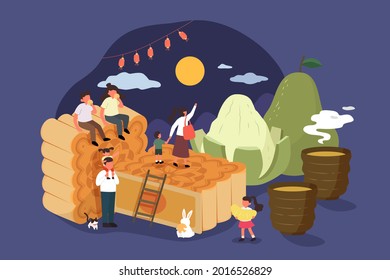 Mid Autumn Festival Design. Flat Illustration Of People Having Mooncake, Tea, And Pomelo And Watching Moon Outdoors