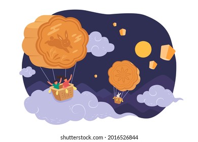 Mid Autumn Festival Design. Flat Illustration Of People Enjoying Mooncake Shape Air Balloon In Night Sky And Watching Moon