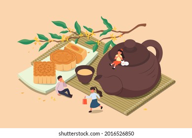 Mid Autumn Festival Design. Flat Illustration Of People Having Mooncakes And Hot Tea As Celebration