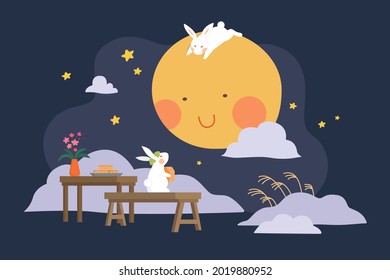 Mid autumn festival design. Flat illustration of jade rabbits eating mooncakes and watching moon as holiday celebrations