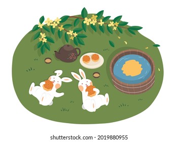 Mid autumn festival design. Flat illustration of jade rabbits lying on grass, eating mooncakes, and watching moon as holiday celebrations