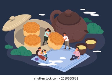 Mid Autumn Festival Design. Flat Illustration Of Family Gathering On Holiday, Picnicking Outdoor, And Eating Mooncakes As Celebrations