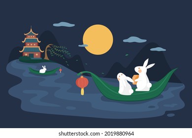 Mid autumn festival design. Flat illustration of jade rabbits drifting on a river and watching moon at night as holiday celebration